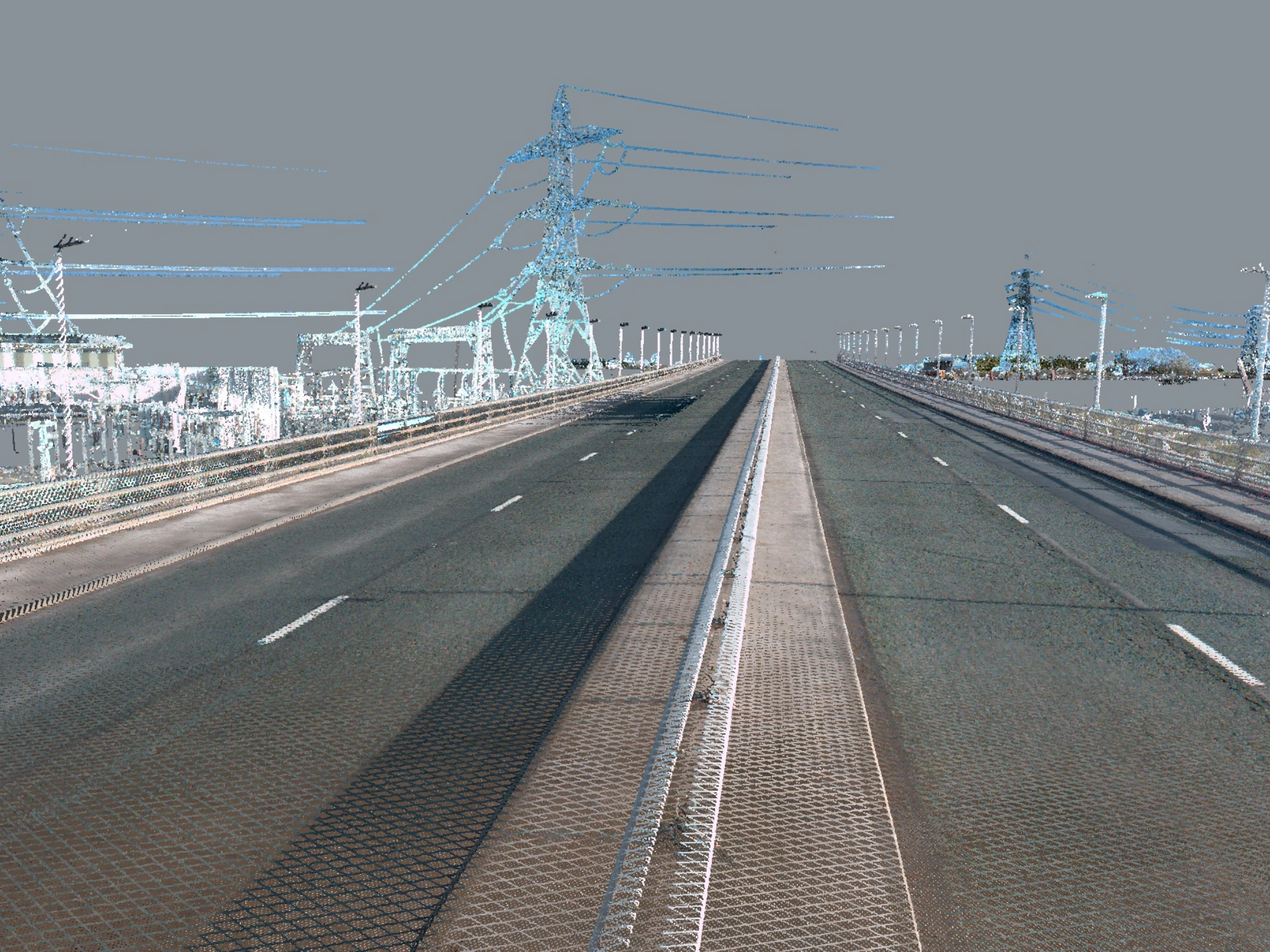 3D mapping of a dual carriageway with surrounding buildings mapped int he background.